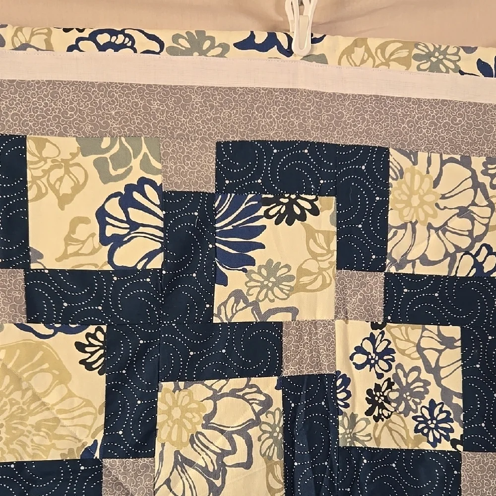 Cream and Blue Patchwork Quilt with Geometric Design